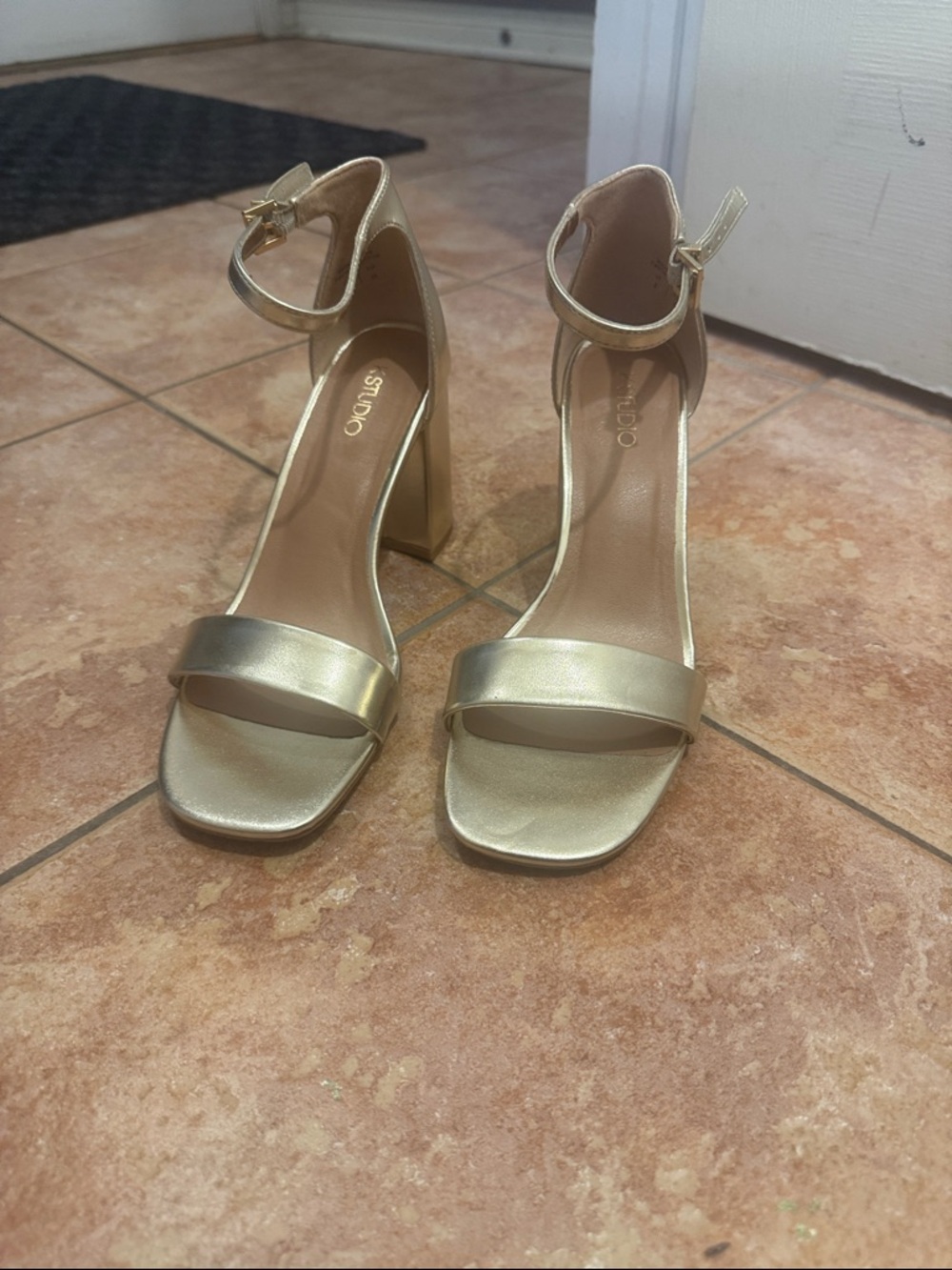 Metallic Gold Block Heel Ankle-Strap Sandals
